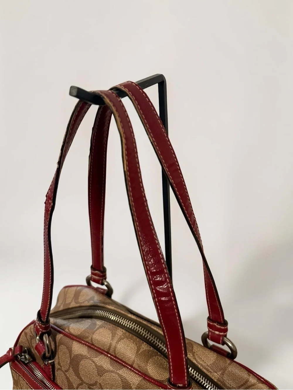 COACH Peyton Signature Satchel Khaki Burgundy Canvas Leather Shoulder Bag F18918